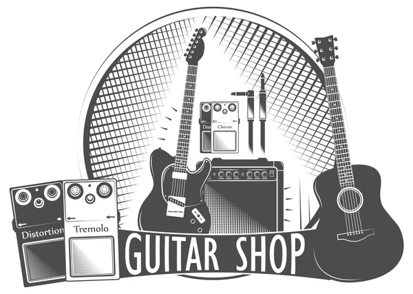 set of guitar shop, electric, acoustic, amp, pedal