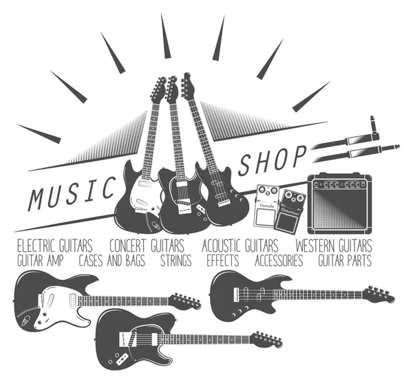 Juego de tienda de guitarras, eléctrico, bajo, amplificador, pedal — Foto de Stock