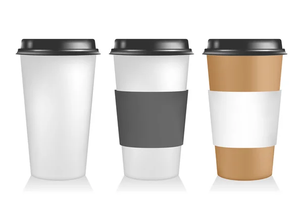 Drie plastic koffie kopje sjablonen. Papier beker om te gaan. — Stockvector