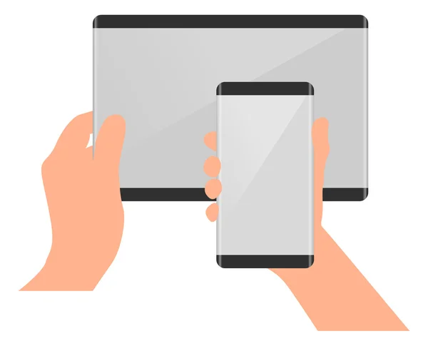 Concept mobile. Tablette et téléphone dans les mains. Maquettes avec écran blanc — Image vectorielle