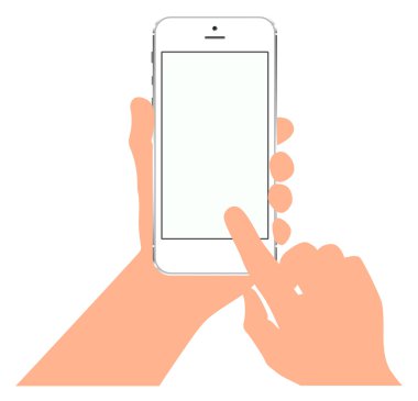 Parmak dokunmatik ekranda. Elinde telefon. Boş ekran ile örnekler