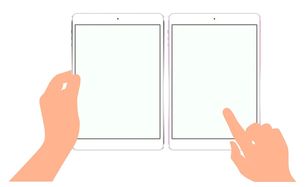 La tablette à la main. Doigt sur l'écran tactile. Maquettes avec écran blanc. Blanc et rose — Image vectorielle