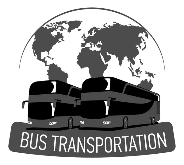 Bus-Transport-Label. großer Reisebus auf Weltkartenhintergrund, flache Doppeldeckerbusvektorillustration — Stockvektor