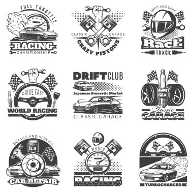 Set of car racing black monochrome emblems, labels, logos and championship race badges with descriptions of classic garage, drift club, world racing. isolated vector illustration clipart
