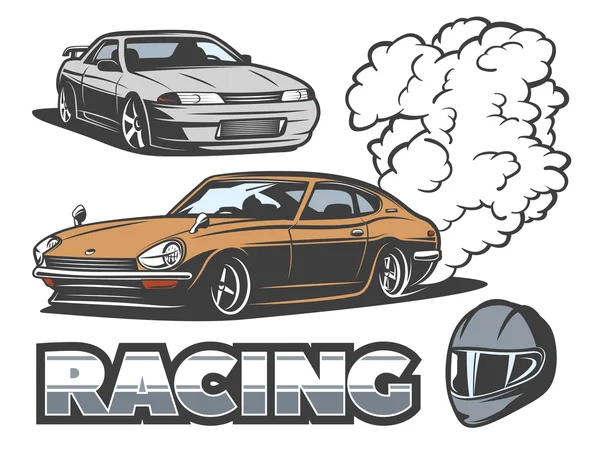 Japanese racing cars isolated vector illustration, road helmet — Stock Vector