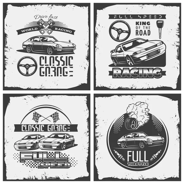 Carreras de coches conjunto emblema detallado. impresión con textura grunge — Vector de stock
