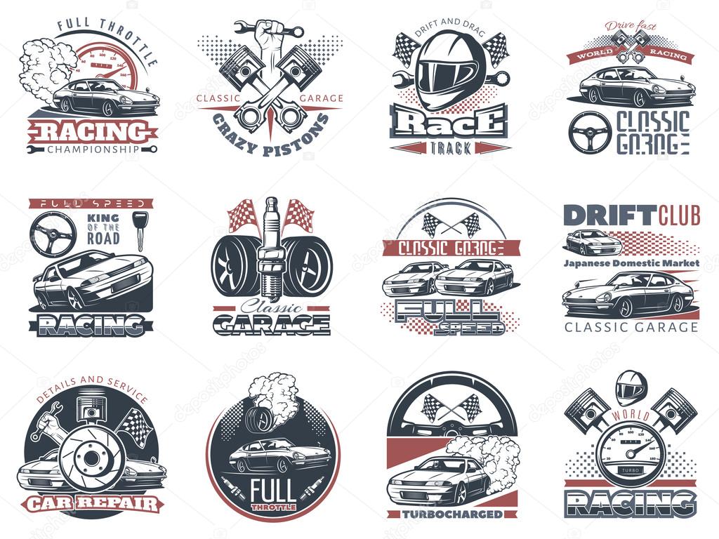 Set of car racing colored emblems, labels and championship race badges