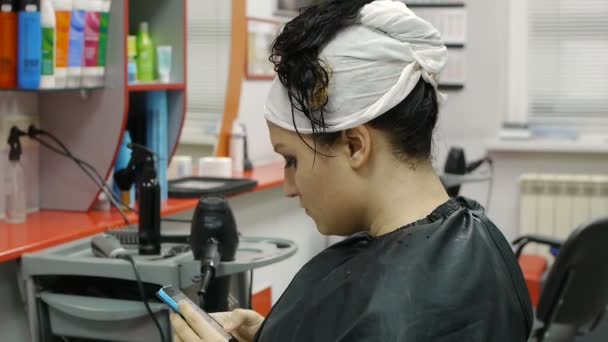 Femme aux cheveux longs au salon de beauté obtenant un ventilateur — Video