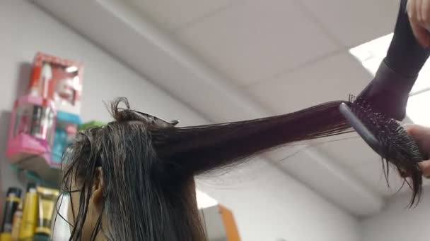 Mujer con el pelo largo en el salón de belleza conseguir un ventilador — Vídeo de stock