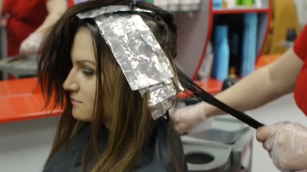 Coloración del cabello en un salón de belleza — Vídeo de stock