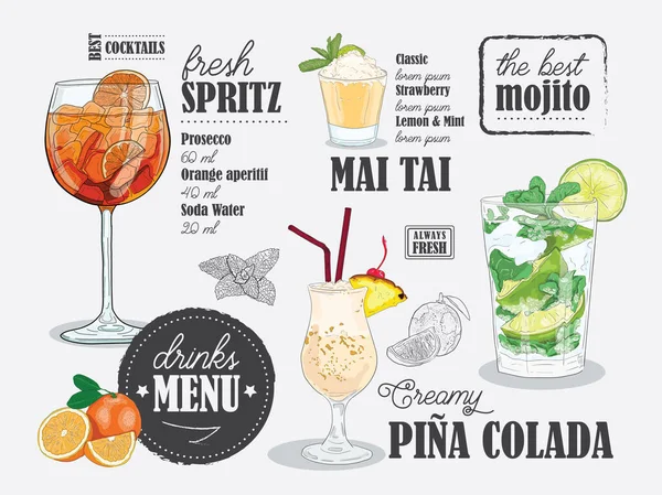 Menù Cocktail Bar Disegnato Mano Vector Beve Volantino Sfondo Bianco — Vettoriale Stock