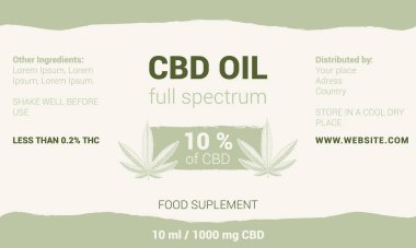 CBD yağ etiketi tasarımı. Kenevir yaprağı çizimi. 10 ml kenevir yağı şablonu