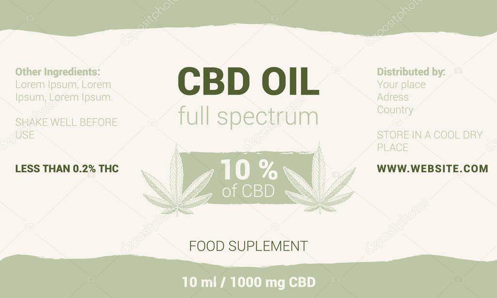 CBD oil label design. Hemp leaf illustration. Template for 10 ml hemp oil
