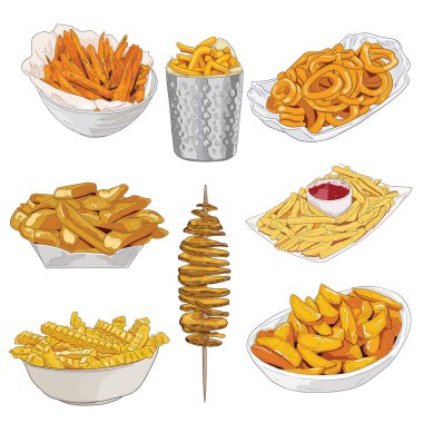El yapımı renkli patates kızartması koleksiyonu. Patates kızartması çeşitleri. İzole edilmiş.