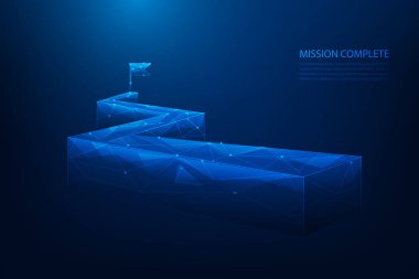 Dağ yolu başarıya giden yolda mavi arka planda. İş başarısı ve vizyon. Görev tamamlandı. Vektör illüstrasyonu fantastik teknoloji