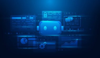 Robot ai veri analizi araştırma ve grafik teknolojisi mavi arka plan. Yapay zeka konsepti. Vektör illüstrasyonu fantastik teknoloji.