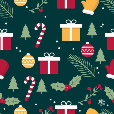 Kusursuz yeşil arkaplanı kaplayan mutlu noel kağıtları. Mutlu yeni yıl duvar kağıtları. vektör çizimi düz desen tasarımı.