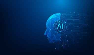 Baş robot ai line devre kartı teknolojisi mavi arka planda. yapay zeka ve öğrenme konsepti. Vektör illüstrasyonu fantastik teknoloji.