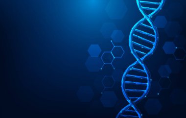 Biyoteknoloji DNA genetik polyester kablo mavi arka plan. Bilimsel DNA kromozom kimlik teknolojisi. Vektör illüstrasyonu fantastik teknoloji.