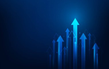 İşletmeyi yükselten dijital teknolojiyi mavi arka planda başarıya ulaştırır. Grafik ekonomisi eğilimi artıyor. Yüksek hız kavramı. Vektör illüstrasyonu fantastik teknoloji.