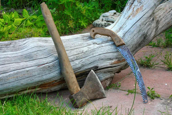 bir balta, testere, takım için bekleyen bir ağaç