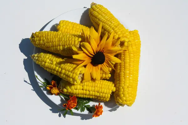 sarı mısır kulakları beyaz bir plaka üzerinde yatıyordu