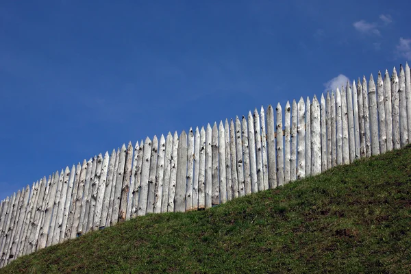 Die hölzerne Palisade auf dem grünen Grasschacht der antiken Festung — Stockfoto