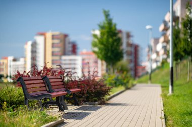 Kaldırımın kenarındaki kırmızı banklar. Arka planda bulanık şehir binaları.