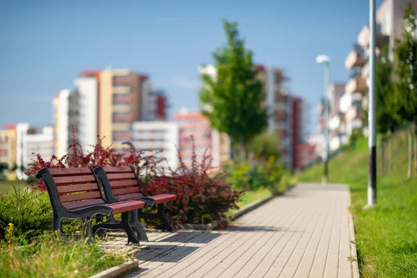 Kaldırımın kenarındaki kırmızı banklar. Arka planda bulanık şehir binaları.