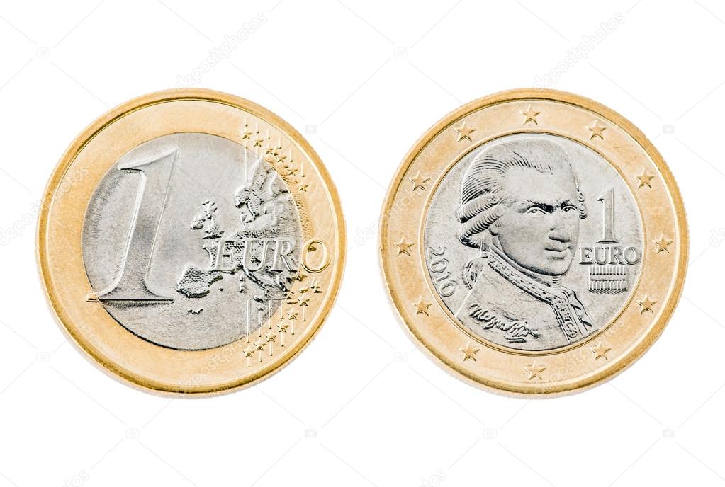 Close up front and back of one Euro coin with Wolfgang Amadeus Mozart isolated on white background