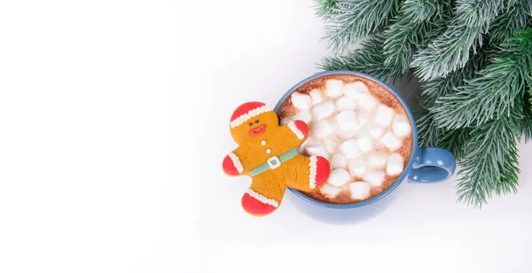 Cup of cocoa and gingerbread man on empty white background