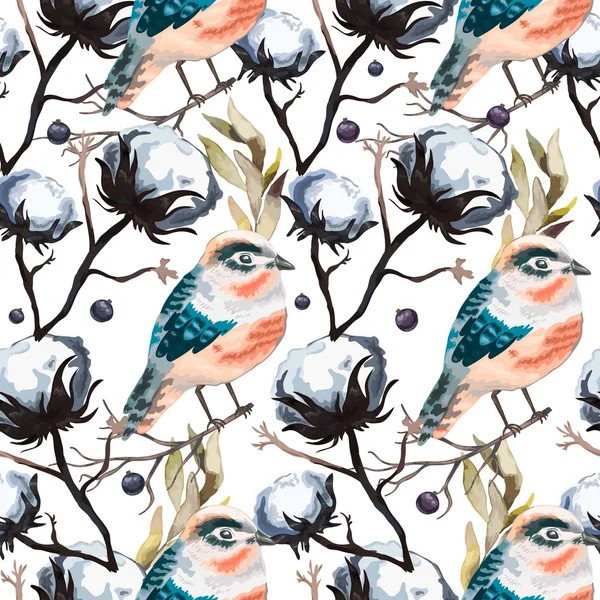 Motif vectoriel sans couture avec fleurs, branches, coton, oiseau — Image vectorielle