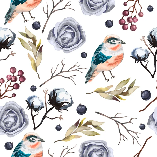 Motif vectoriel sans couture avec fleurs, branches, coton, oiseau — Image vectorielle