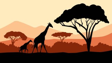 Geyik, fil ve zürafayla Afrika vahşi yaşam çizimleri. Huzurlu günbatımında görkemli Afrika hayvanlarının olduğu manzaralı savana. Panoramik safari hayvan silueti vektör çizimi