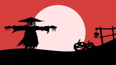 Ürkütücü korkuluk ve Jack O Fener 'le dolunay gecesi manzarası. Tepede Korkuluk ve Balkabağı Jack 'in arka plan silueti. Düz stil ile Cadılar Bayramı kutlaması için vektör illüstrasyonu