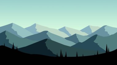 Tepeleri ve tepeleri olan dağ manzarası çizimi. Berrak gökyüzünün altında sakin atmosferi olan manzaralı bir dağ sırası. Panoramik dağ silüeti vektör çizimi