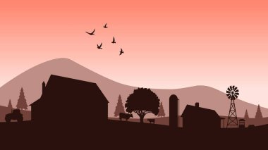 Çiftlik evi ve kırsal manzaralı kırsal alan çizimi. Sakin dağ ve kırsal çevresi olan manzaralı tarım arazisi. Panoramik kırsal siluet vektör çizimi