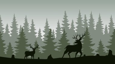 Çam ormanında geyikli vahşi yaşam çizimi. Geyik ve sakin kozalaklı ormanlı doğal hayat. Panoramik orman ve geyik silueti vektör çizimi