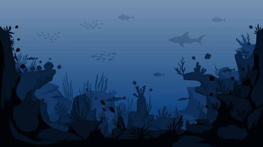 Mercan resifleri ve balıklarla sualtı manzarası çizimi. Sakin tropikal balıklar ve su bitkileriyle manzaralı mercan resifi. Deniz hayvanı vektör illüstrasyonlu panoramik sualtı silueti