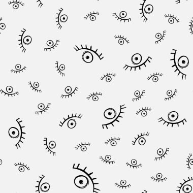 Vektör el çizimi göz karalamaları beyaz arka planda kusursuz desen, modern tasarım. Kusursuz bir arka plan. Görme duyusu sembolü deseni. Bak, göz küresi. Basit minimalist tasarım. 