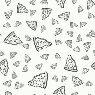 Pizza dilimleri kusursuz. Elle çizilmiş pizza dilimleri. Beyaz arka planda siyah çizim. Kusursuz duvar kağıdı deseni.