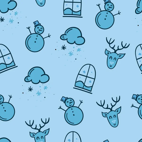 Icono Navidad Establecer Patrón Sin Costuras Muñeco Nieve Copos Nieve — Vector de stock