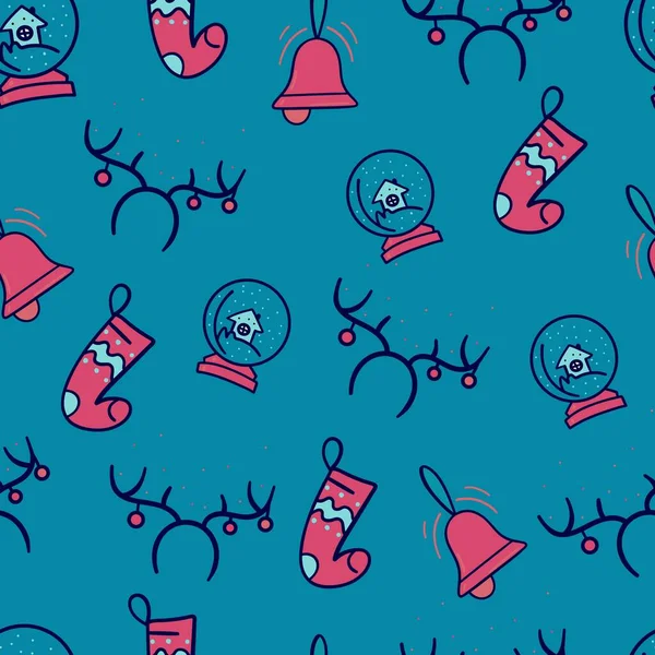 Icono Navidad Establecer Patrón Sin Costuras Calcetín Navidad Aro Con — Vector de stock