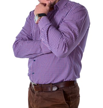 İş adamı ile bir saat ekose gömlekli. Yalıtılmış bir beyaz