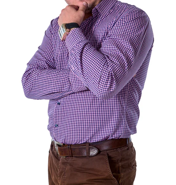 İş adamı ile bir saat ekose gömlekli. Yalıtılmış bir beyaz