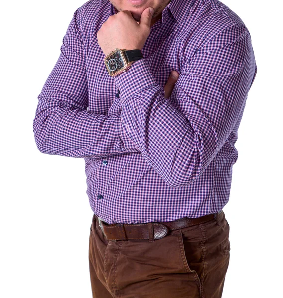 İş adamı ile bir saat ekose gömlekli. Yalıtılmış bir beyaz