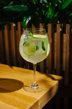 Limon dilimleri ve taze nane yapraklarından oluşan canlı bir kokteyl temiz bir bardakta servis edilir. İçki, yemyeşil bir alanla çevrili ahşap bir masaya konur ve rahatlatıcı bir atmosfer yaratır..