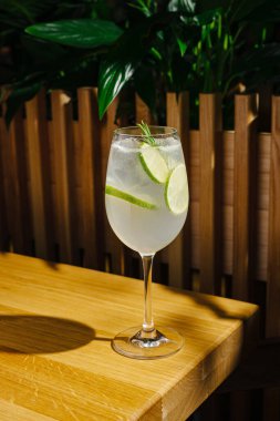 Serinletici bir içecekle dolu berrak bir bardak ahşap bir masada oturur. Limon dilimleri görülebilir, içeceğe canlı bir dokunuş katıyor..