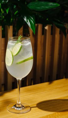 Berrak, köpüklü bir içecek, dilimlenmiş limon ve biberiye ile süslenmiş uzun bir bardakta oturur. İçki, yemyeşil bir zemine karşı ahşap bir masaya konur..