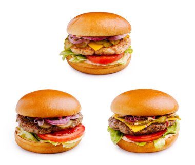 Üç ayrı hamburger, sulu köfteler, taze sebzeler ve lezzetli malzemeler. Her hamburger farklı tatları vurgular, günün her saatinde yemek için mükemmeldir..